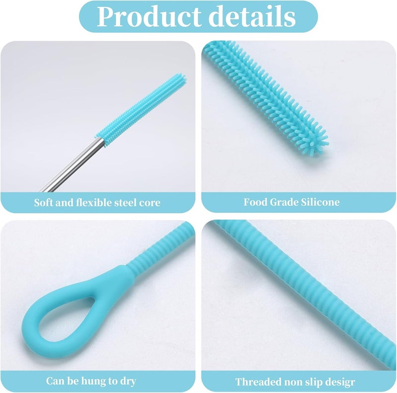 cdsnxore 2Pcs silicone straw cleaning brushes, extra long, used for Cleaning Glass Metal Smoothie Straws and StrawCups,Non-slip Handle Soft and Bendable, 6mm+9mm. (Blue) - Image 3